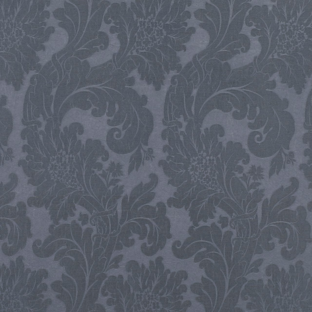 Cool blue-grey damask fabric with charcoal acanthus leaves and floral scrolling