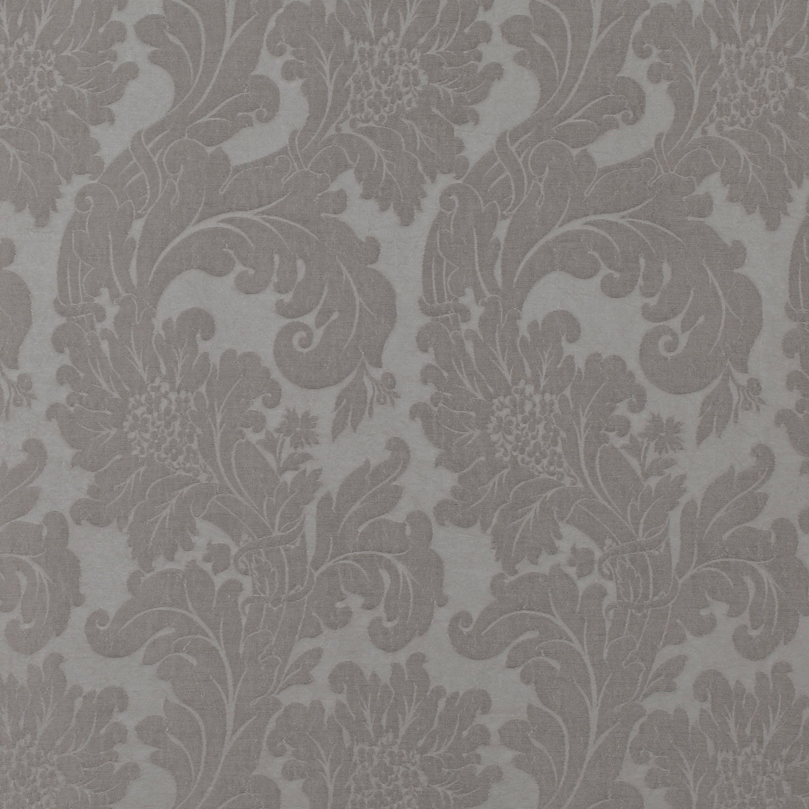 Soft dove-grey damask with darker scrolling foliage and a subtly textured woven ground