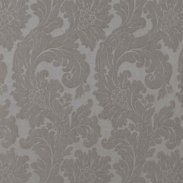Soft dove-grey damask with darker scrolling foliage and a subtly textured woven ground