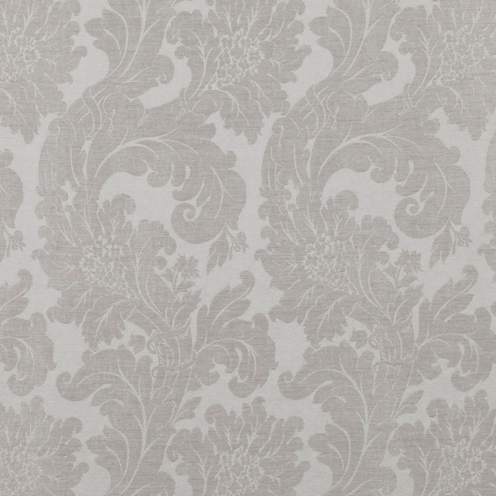 Pale silver-grey damask with scrolling acanthus leaves and softly textured ground