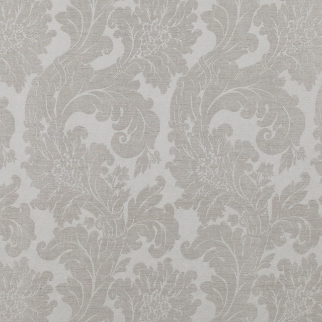 Pale silver-grey damask with scrolling acanthus leaves and softly textured ground