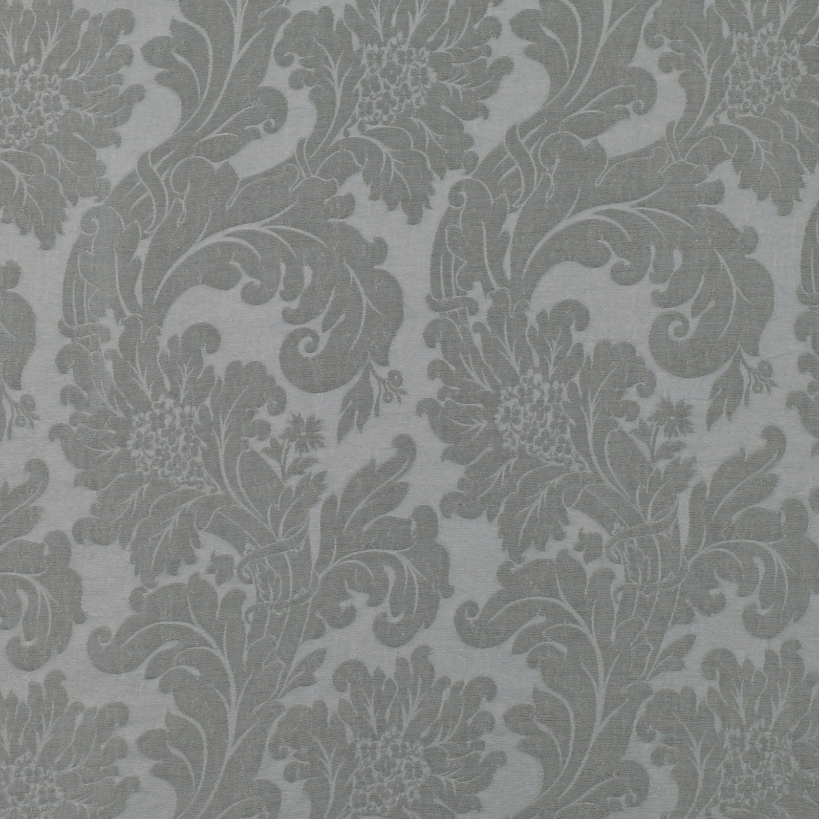 Muted grey-green damask with scrolling foliage and clustered floral motifs