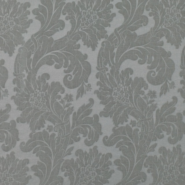 Muted grey-green damask with scrolling foliage and clustered floral motifs