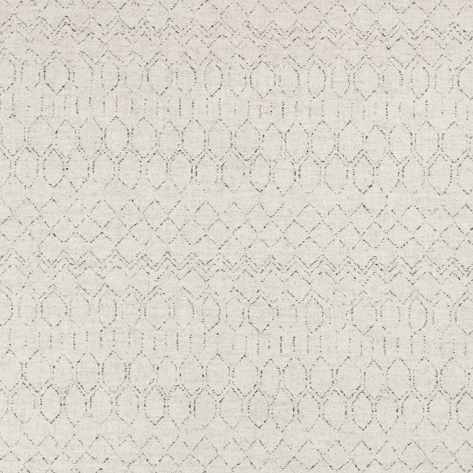 Pale mist-grey fabric with charcoal geometric arches, diamonds and a softly flecked weave
