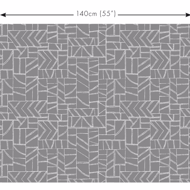 Parchment-grey geometric fabric with pale chevrons, angled lines and rectangular blocks