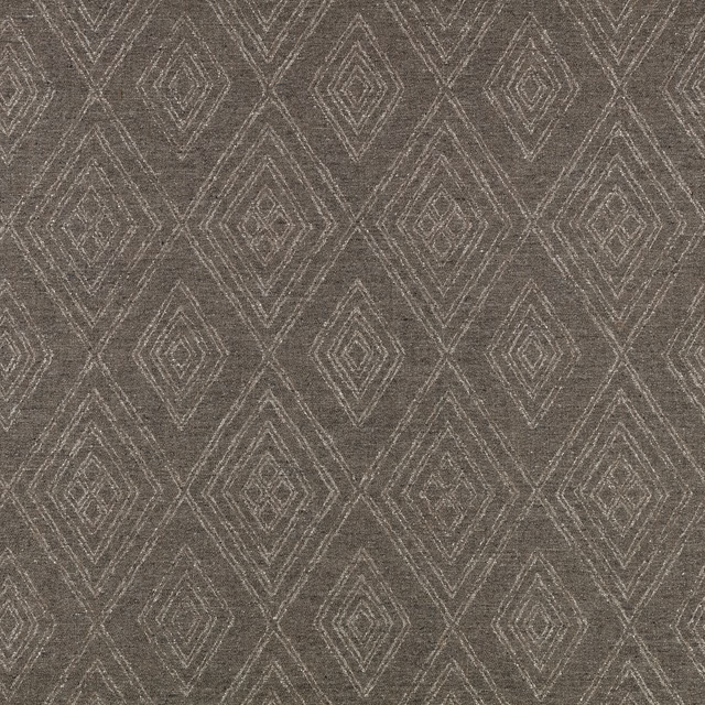 Deep taupe-grey woven fabric with pale nested diamonds and angular chevrons