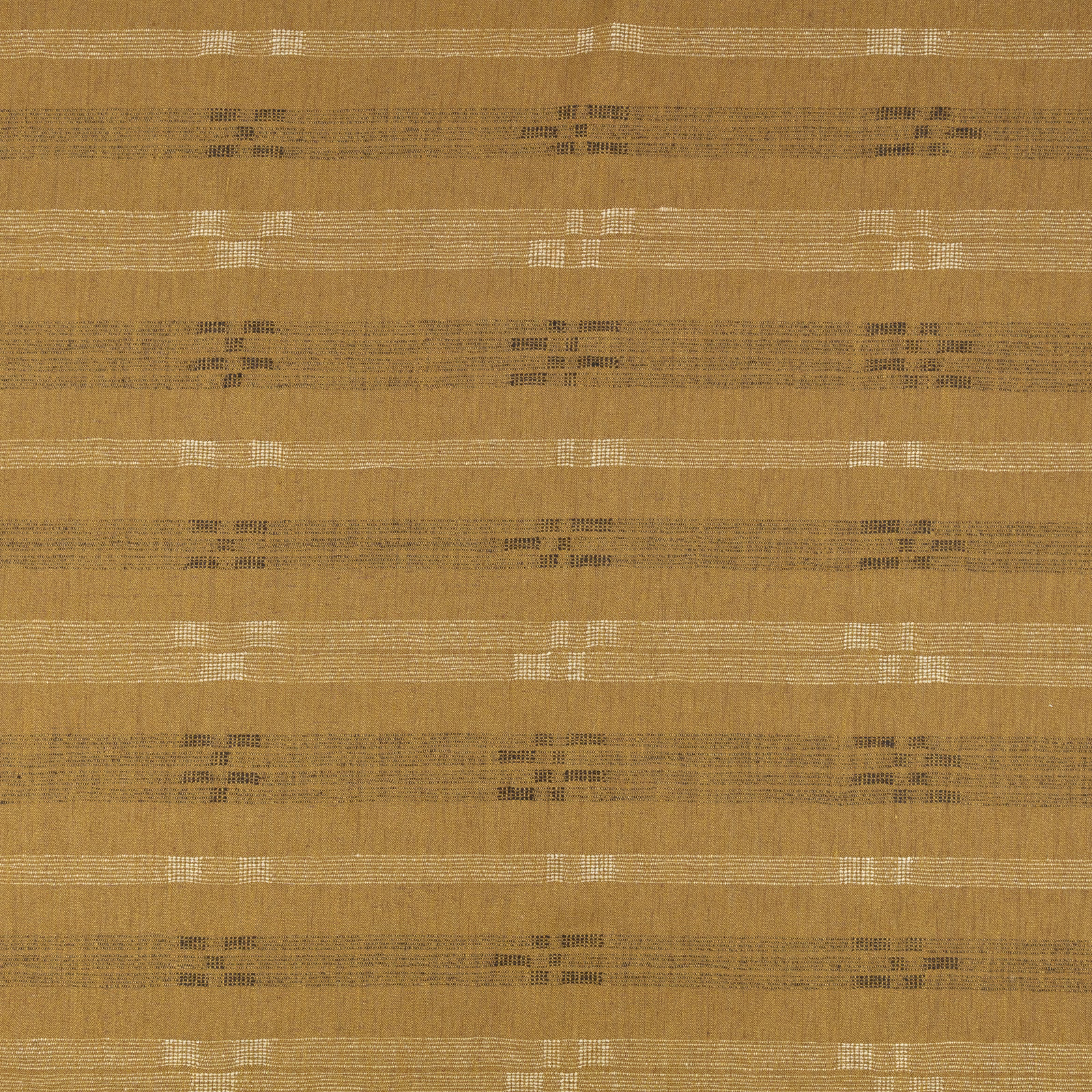 Ochre-gold woven textile with broken horizontal bands and scattered dark flecks