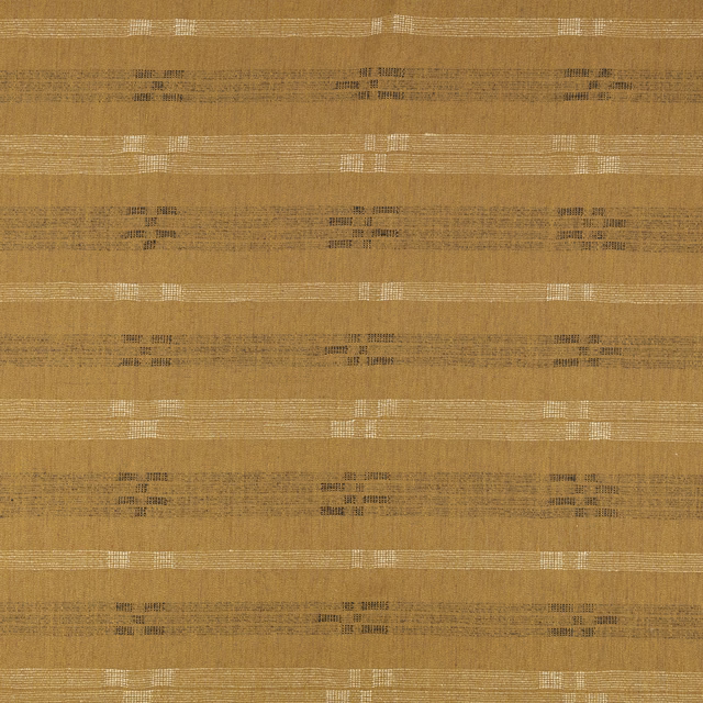 Ochre-gold woven textile with broken horizontal bands and scattered dark flecks