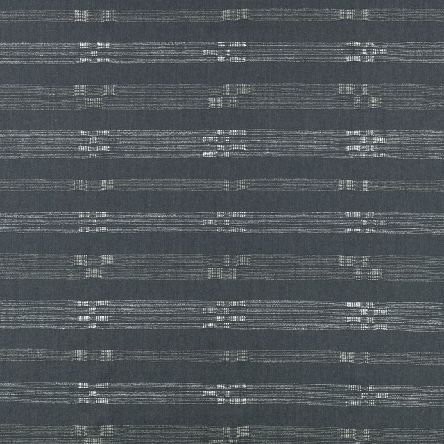 Smoky indigo woven fabric with broken horizontal lines and pale rectangular accents