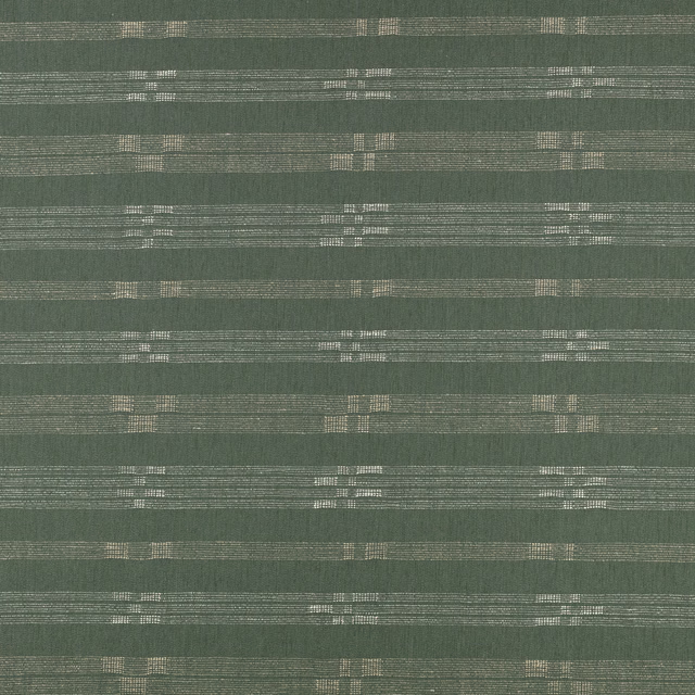Muted eucalyptus green woven fabric with broken pale horizontal bands and fine ribbed texture
