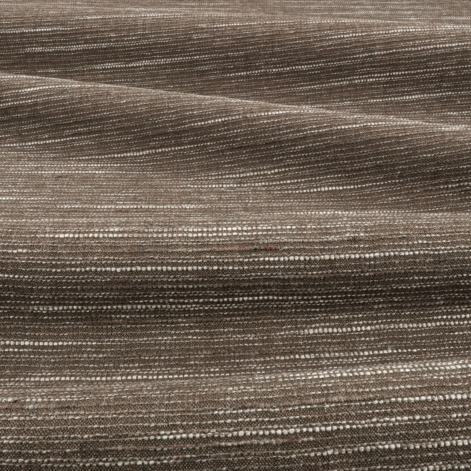 Close view of warm chestnut-brown woven fabric with irregular horizontal taupe striations