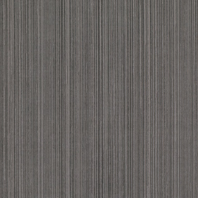 Grey-taupe textile swatch with fine, irregular vertical charcoal and brown striations