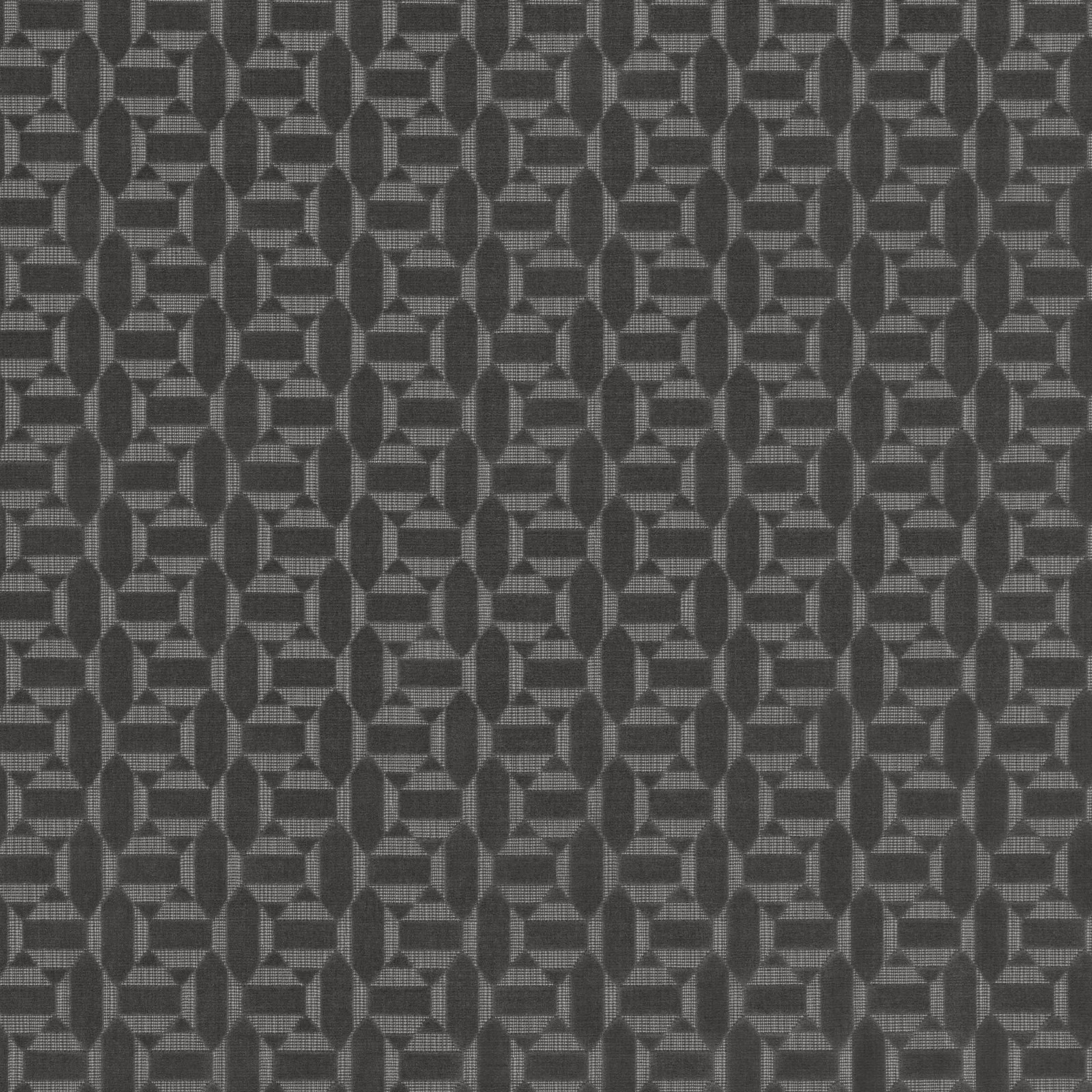 Close-up of anthracite grey woven fabric with small interlocking geometric motifs
