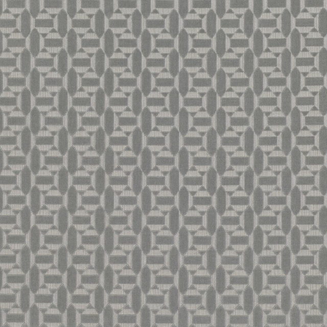 Cool grey woven fabric with repeating stepped and elongated oval geometric motifs