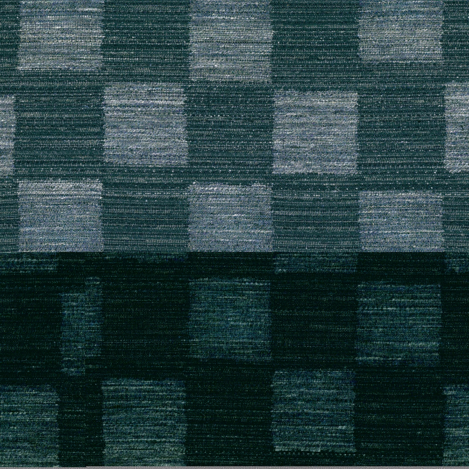 Deep teal woven fabric with staggered blue-grey rectangular blocks and horizontal texture