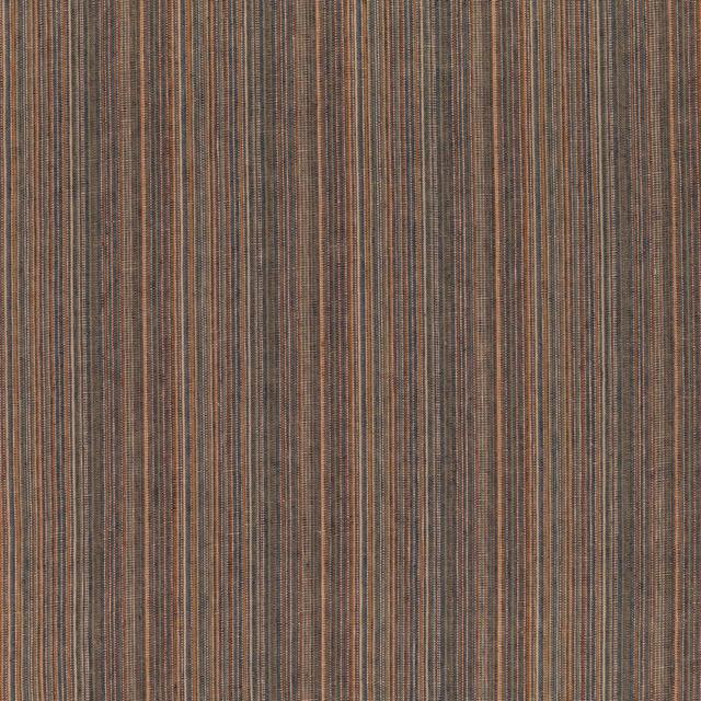 Dusky berry-brown fabric with fine vertical rust and blue-grey woven stripes