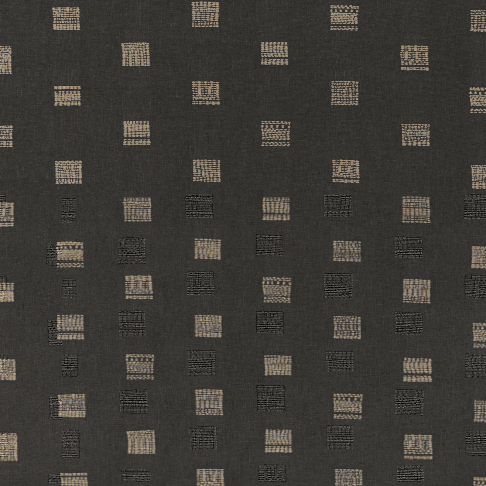 Charcoal anthracite weave with staggered oatmeal rectangular motifs and subtle tonal blocks