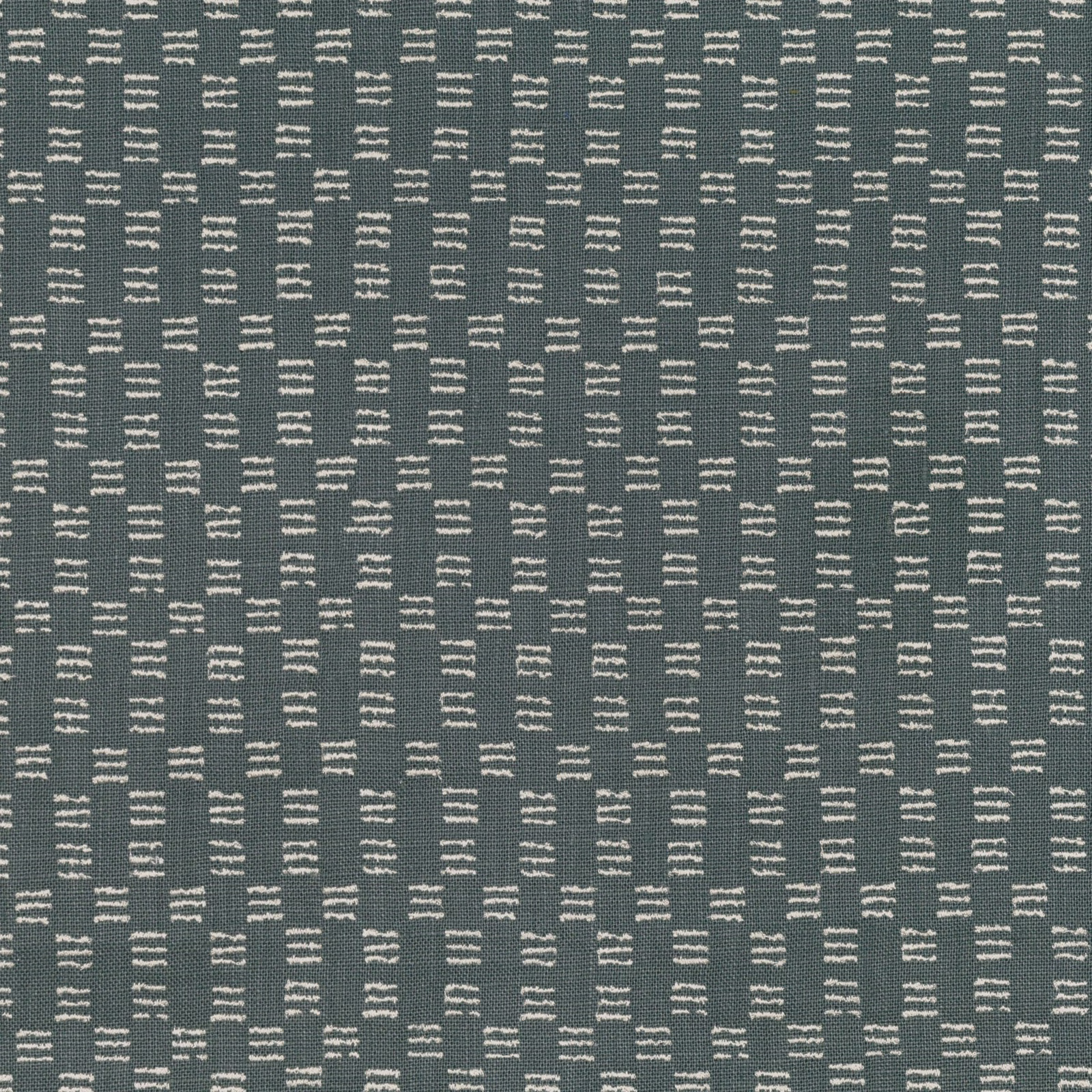 Deep blue-grey woven ground with irregular ivory dash marks in vertical rows