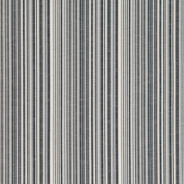 Close view of M585 Indigo’s narrow vertical indigo, charcoal and pale grey woven stripes.