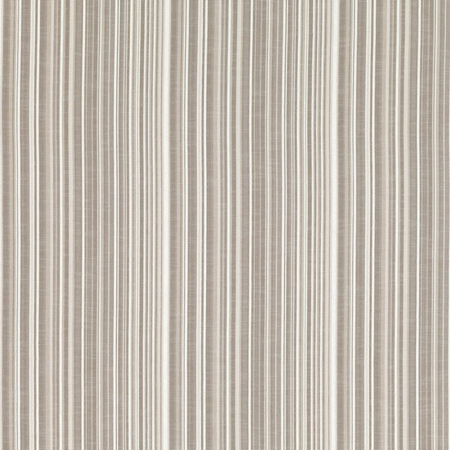 Warm beige fabric with fine ivory vertical stripes and subtle woven texture