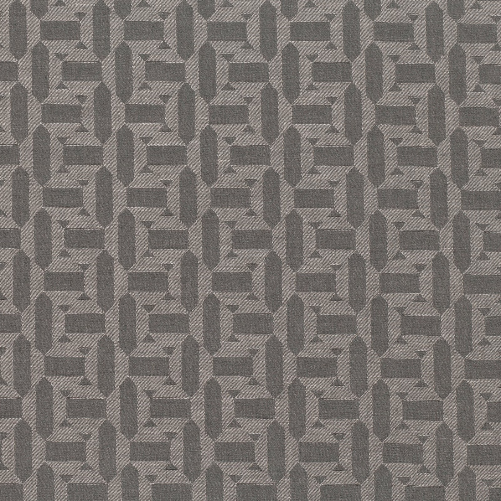 Anthracite-grey woven geometric textile with interlocking octagons and stepped linear motifs