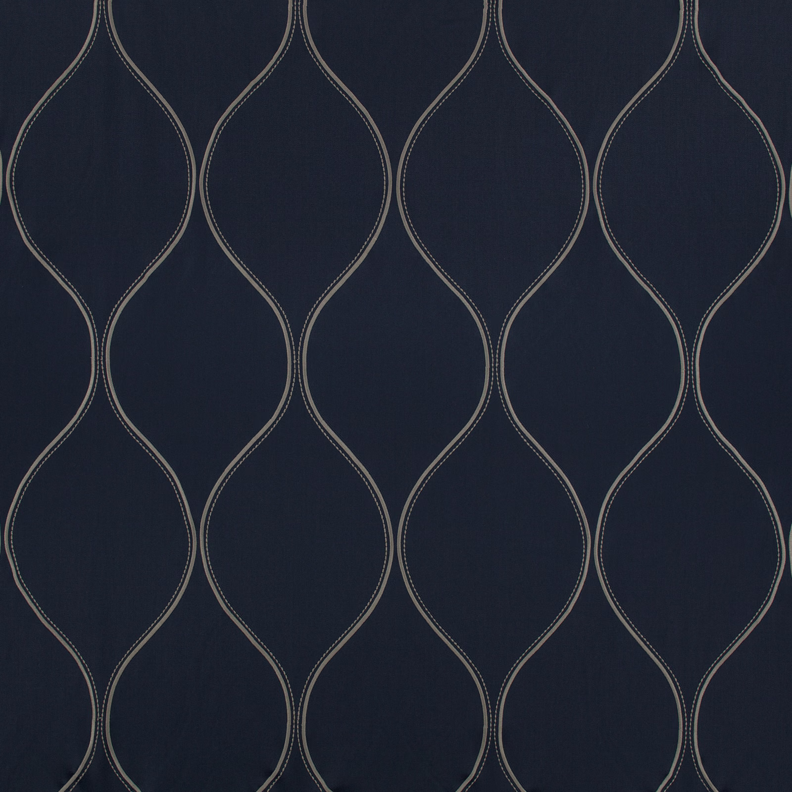 Deep blueberry navy fabric with repeating taupe loop embroidery and subtle vertical weave