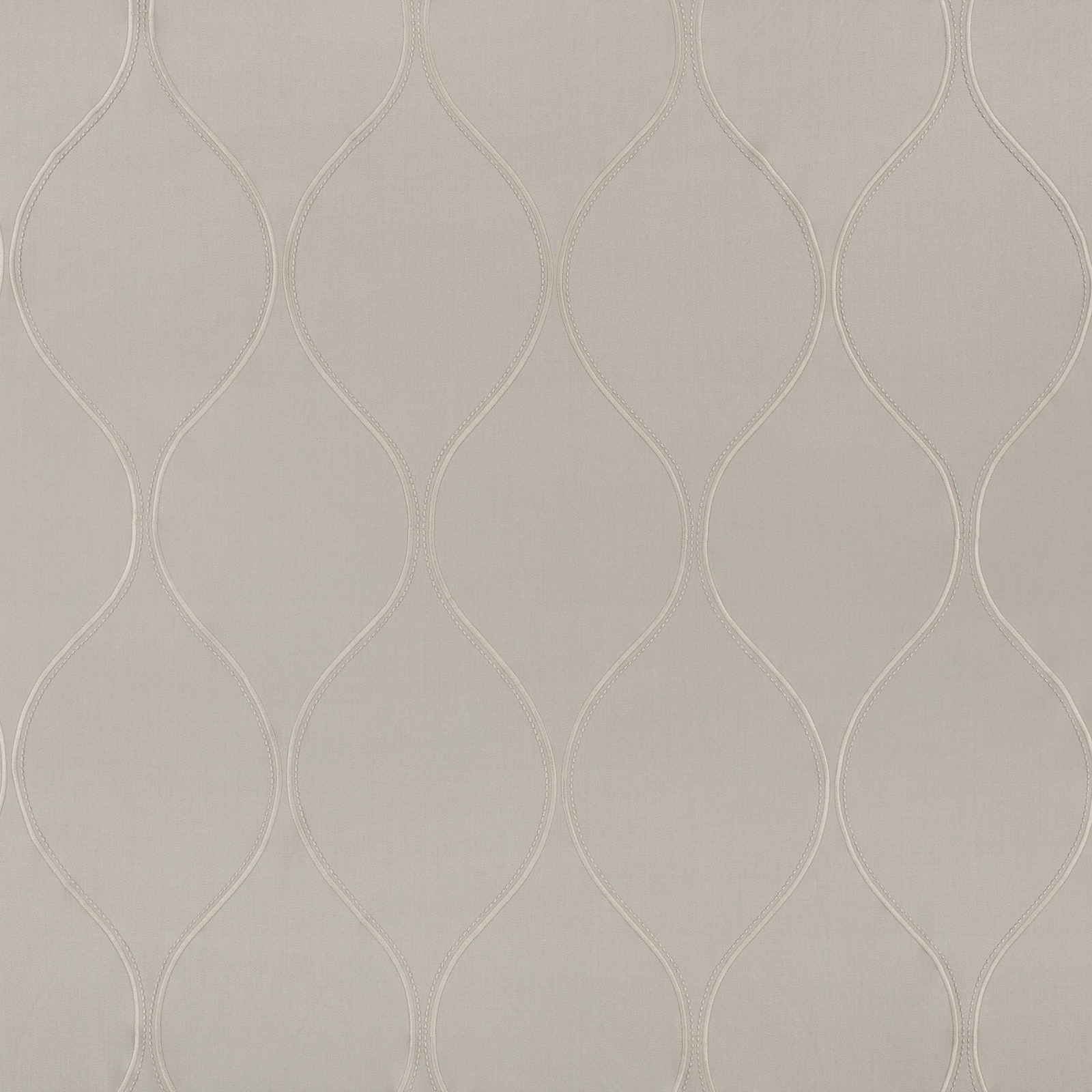 Pale cement greige textile with tonal embroidered ogee curves and fine weave