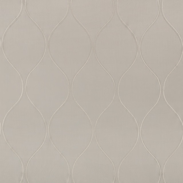 Pale cement greige textile with tonal embroidered ogee curves and fine weave