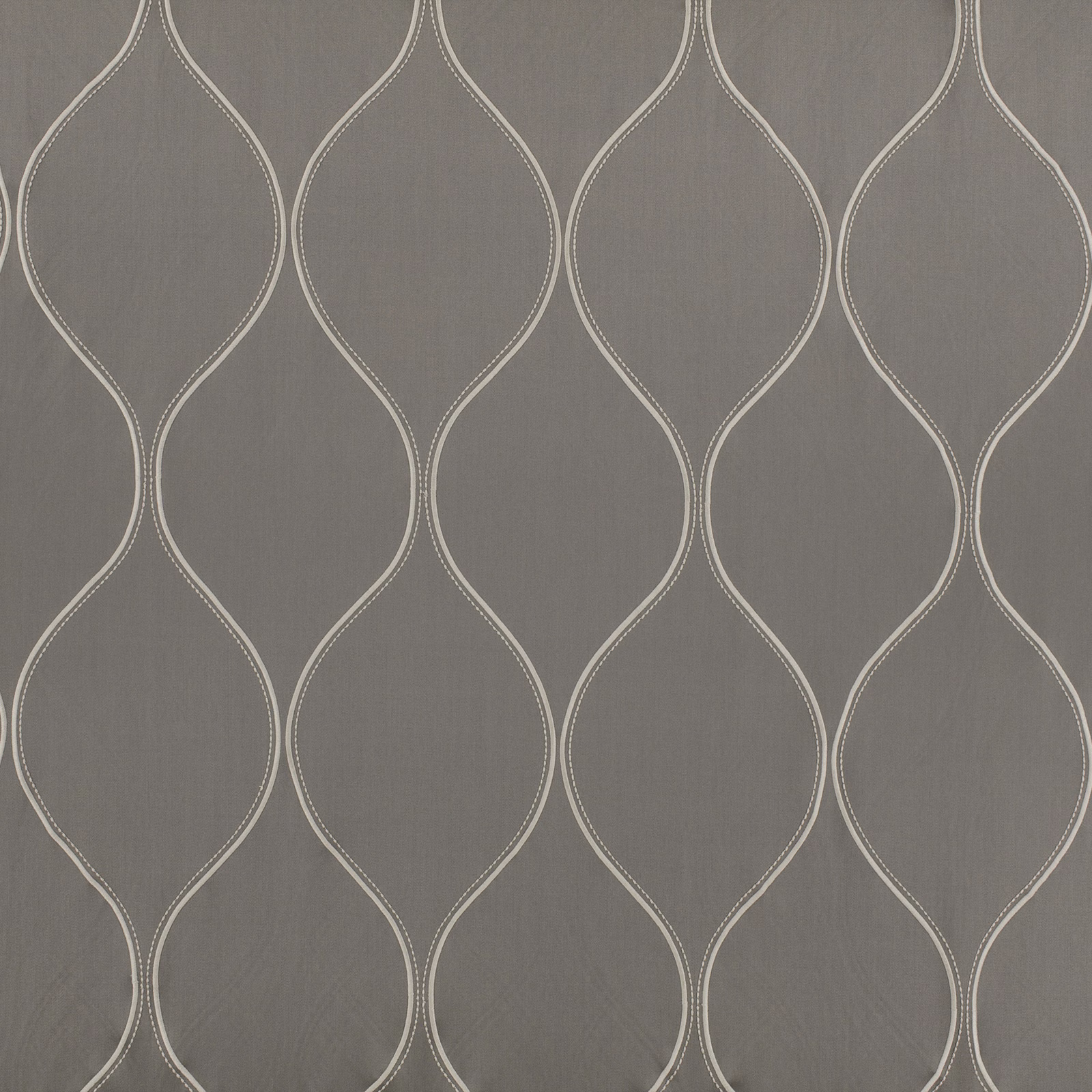 Taupe-grey fabric with pale embroidered ogee lines in a repeating vertical pattern