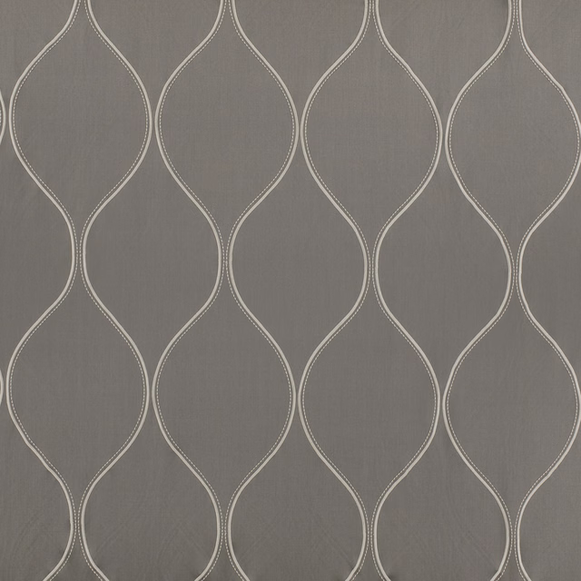 Taupe-grey fabric with pale embroidered ogee lines in a repeating vertical pattern
