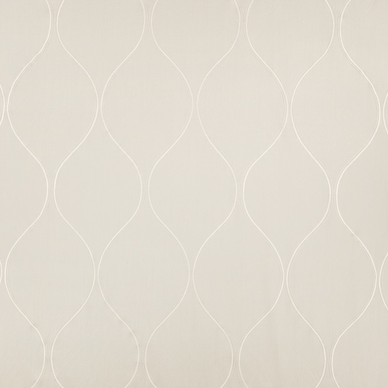 Pale French grey fabric with white embroidered, elongated looping lines in vertical repeats