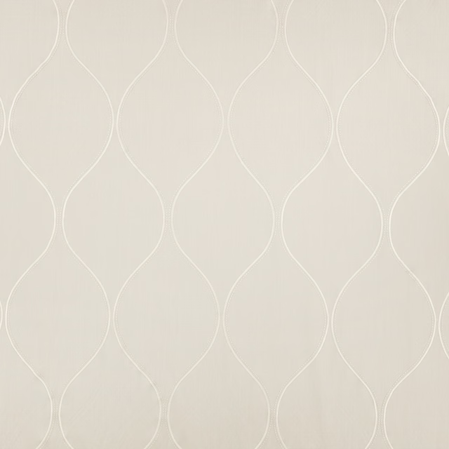 Pale French grey fabric with white embroidered, elongated looping lines in vertical repeats