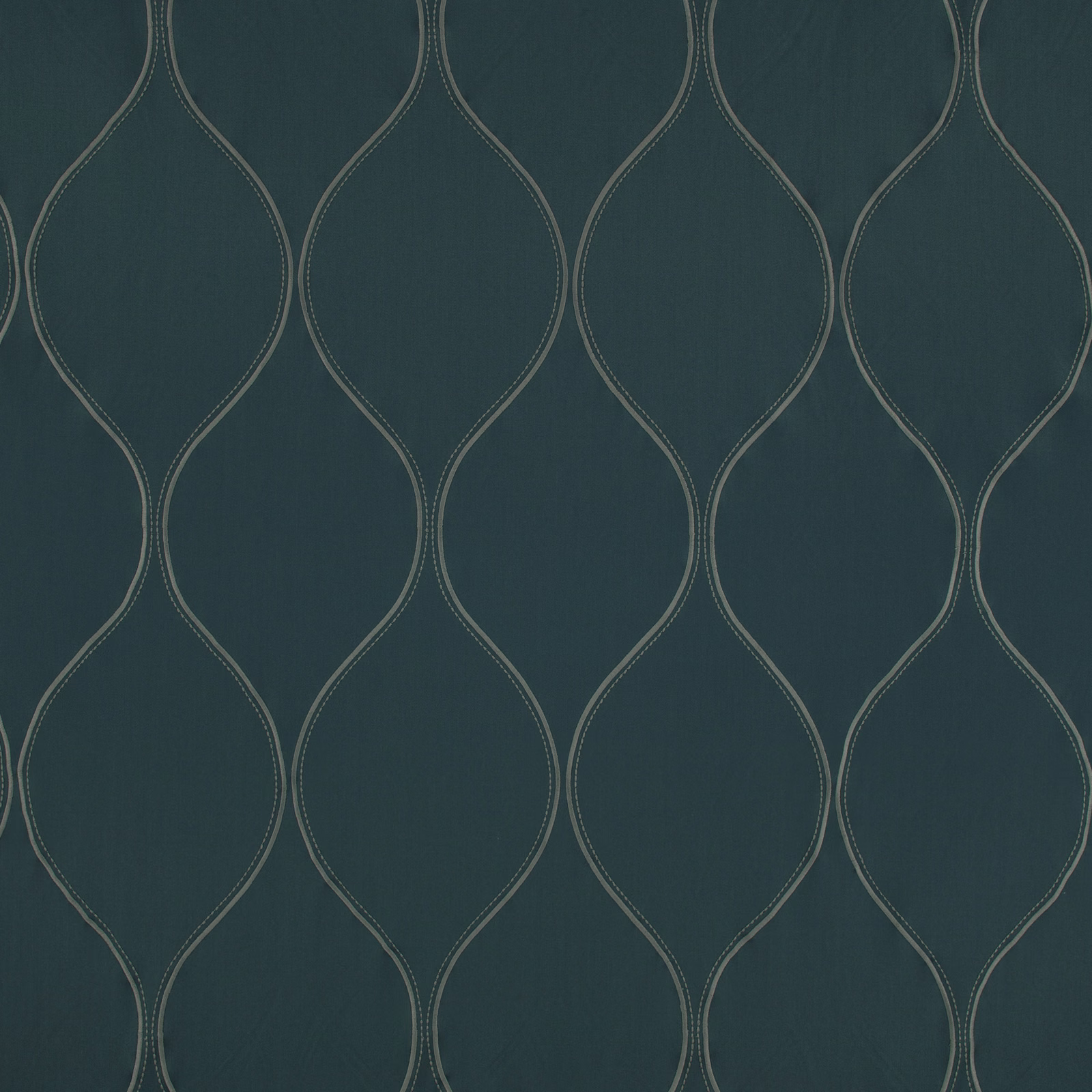 Deep blue-green textile with muted taupe outlined ogee trellis embroidery