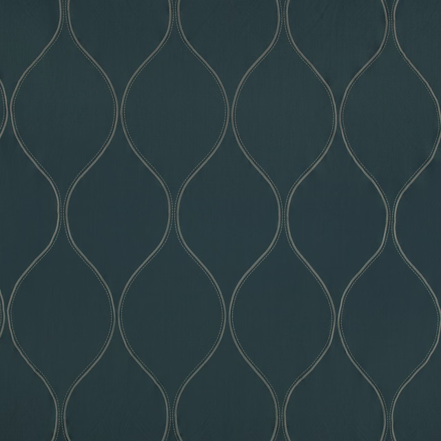 Deep blue-green textile with muted taupe outlined ogee trellis embroidery