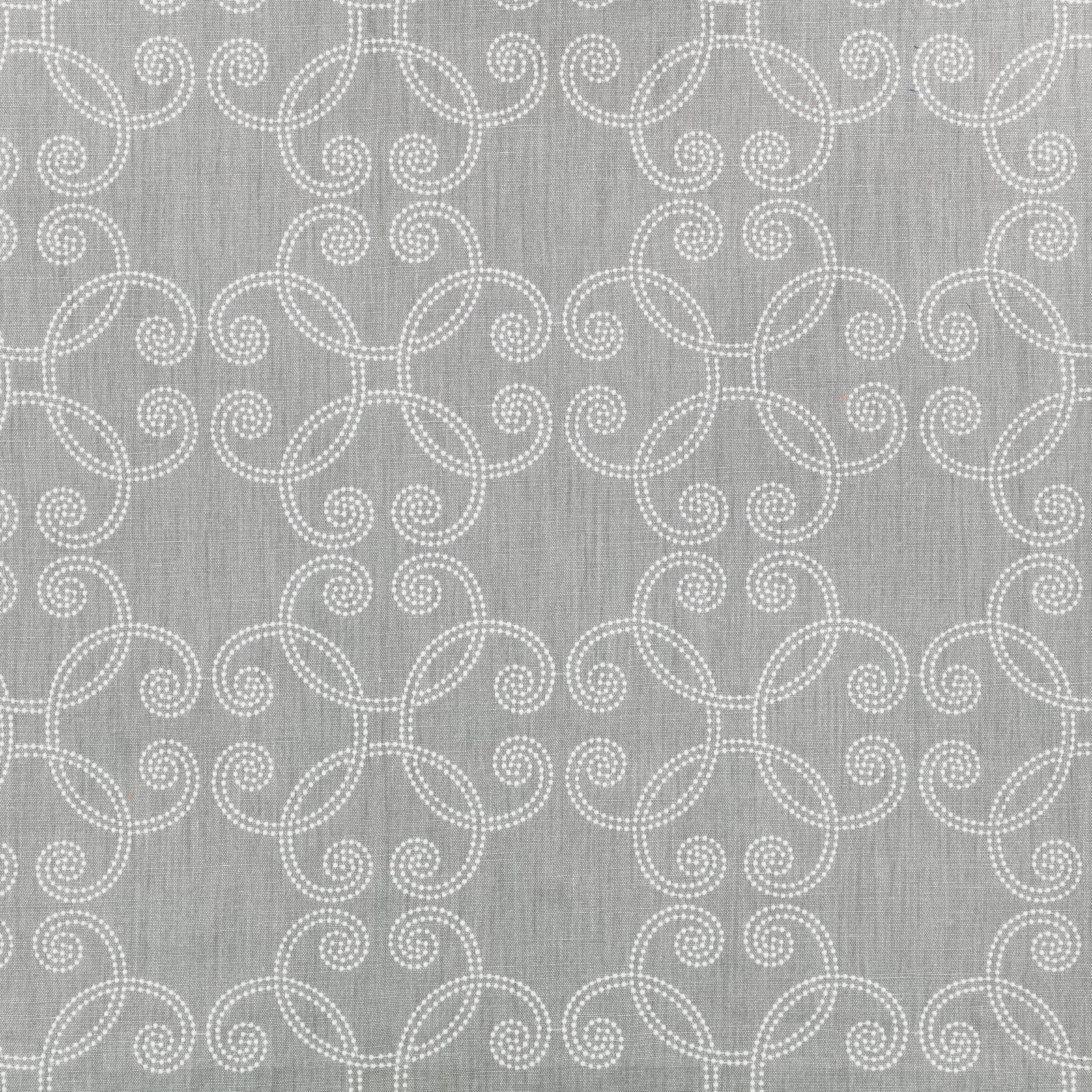 Silver-grey textile with ivory dotted scrolling motifs and fine vertical slub texture