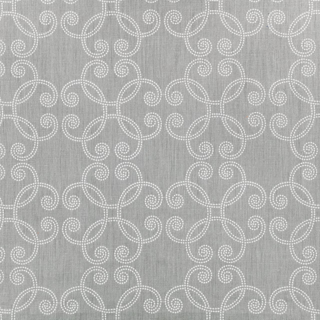 Silver-grey textile with ivory dotted scrolling motifs and fine vertical slub texture