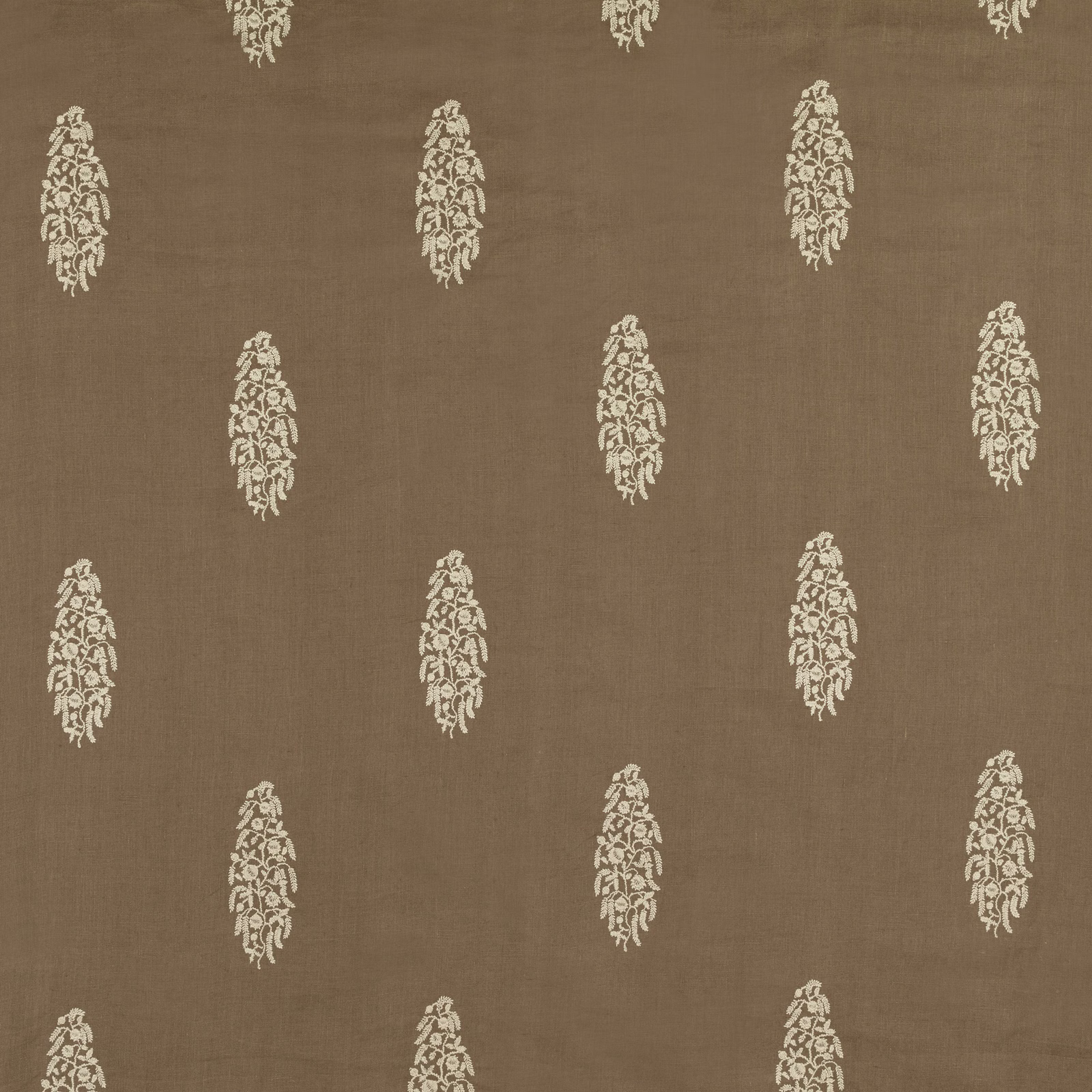 Warm cumin-taupe ground with spaced ivory botanical embroidered motifs and fine texture