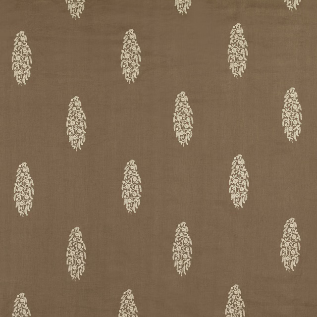 Warm cumin-taupe ground with spaced ivory botanical embroidered motifs and fine texture