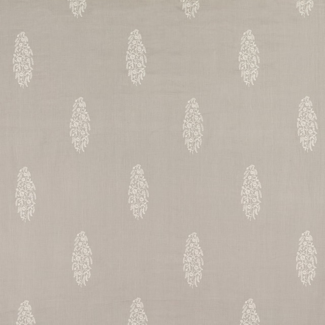 Pale taupe woven fabric with repeated ivory botanical paisley embroidery