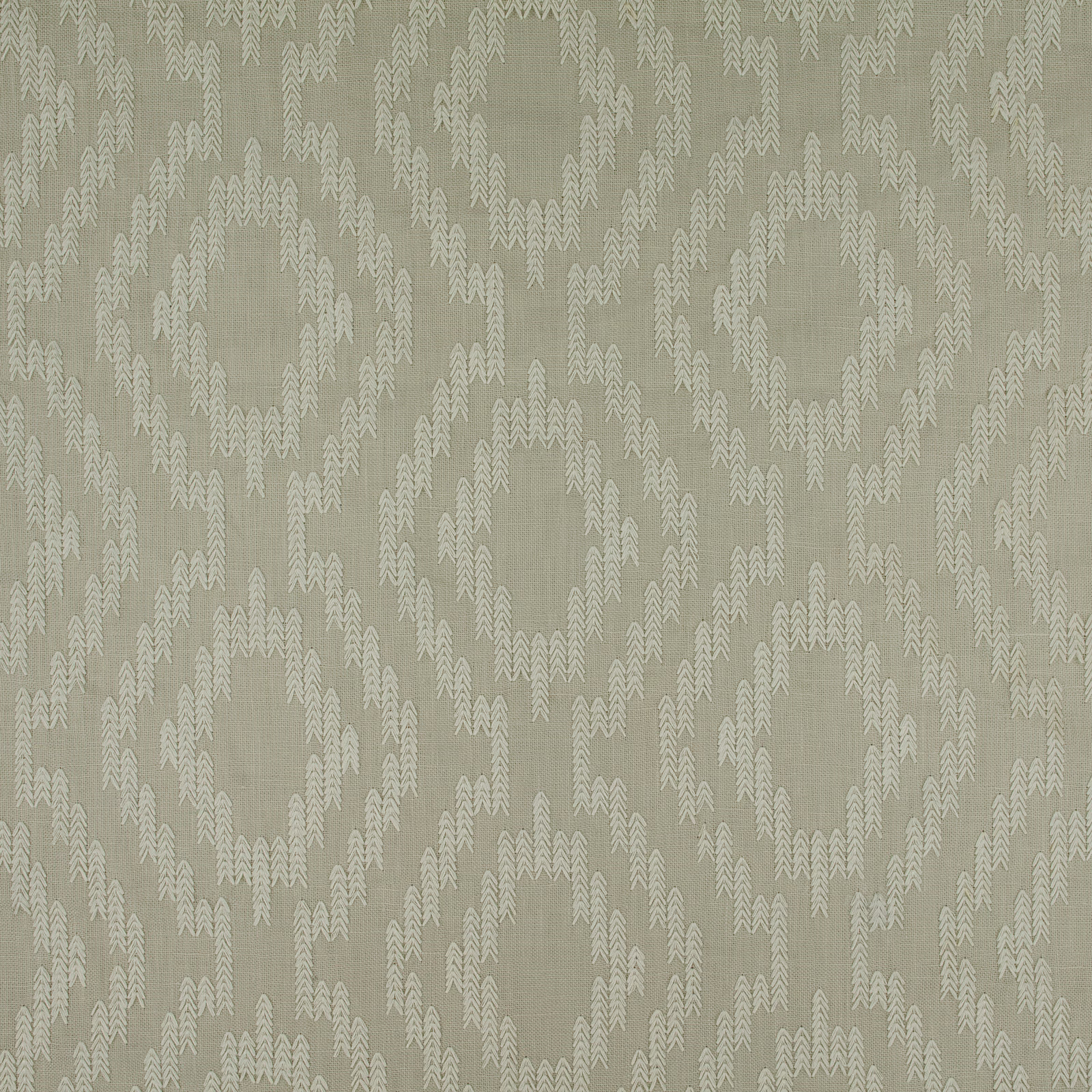 Muted silvery sage fabric with pale branching chevrons and a softly woven ground