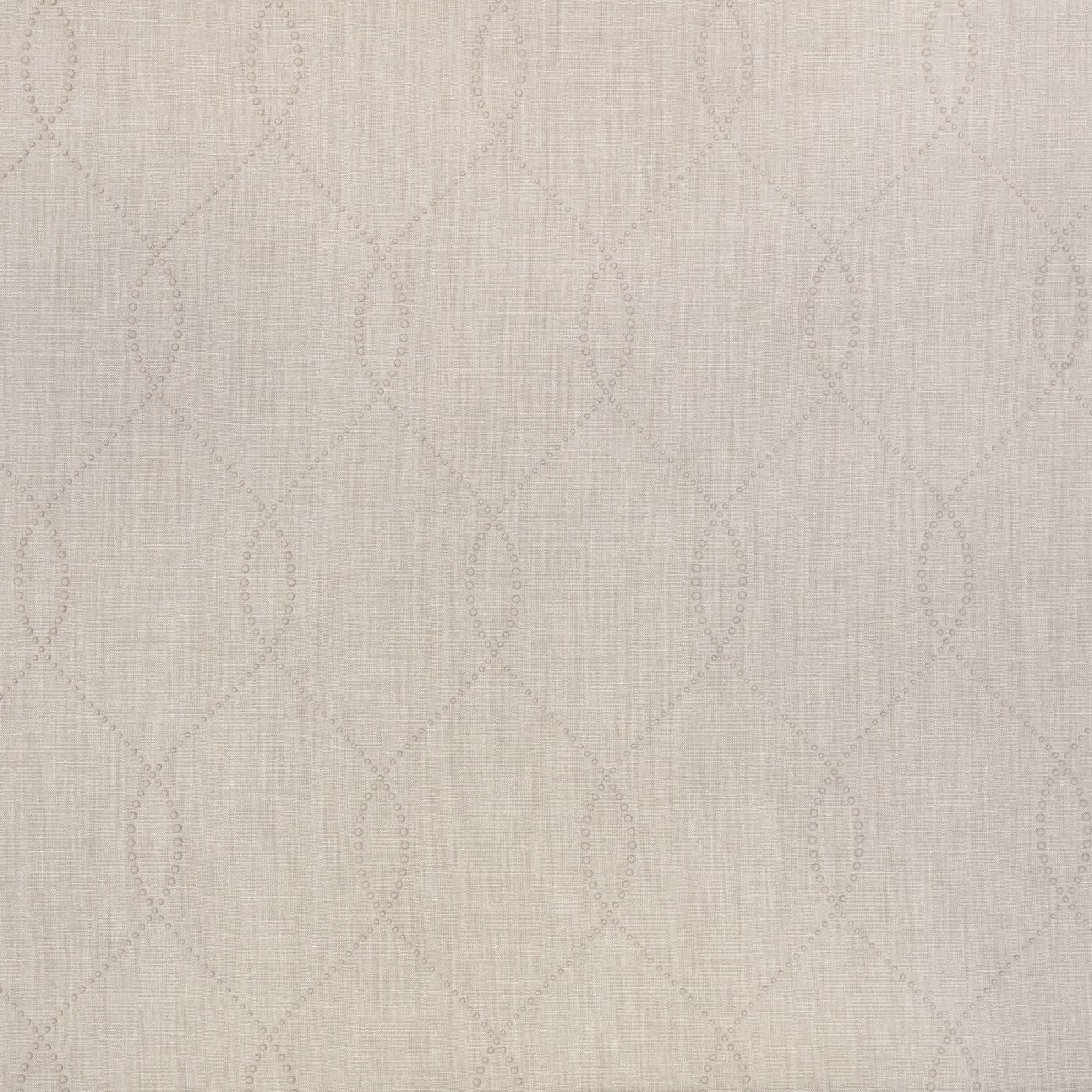 Pale birch-beige textile with embroidered ogee lattice and fine vertical slub texture