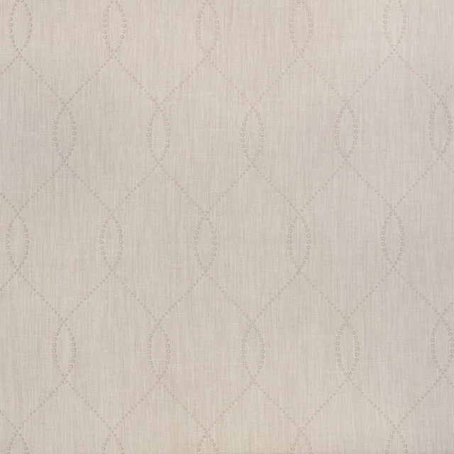 Pale birch-beige textile with embroidered ogee lattice and fine vertical slub texture