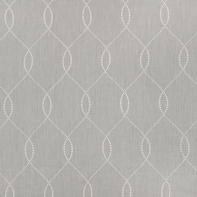 Storm-grey fabric with pale dotted ogee lattice and fine vertical woven texture