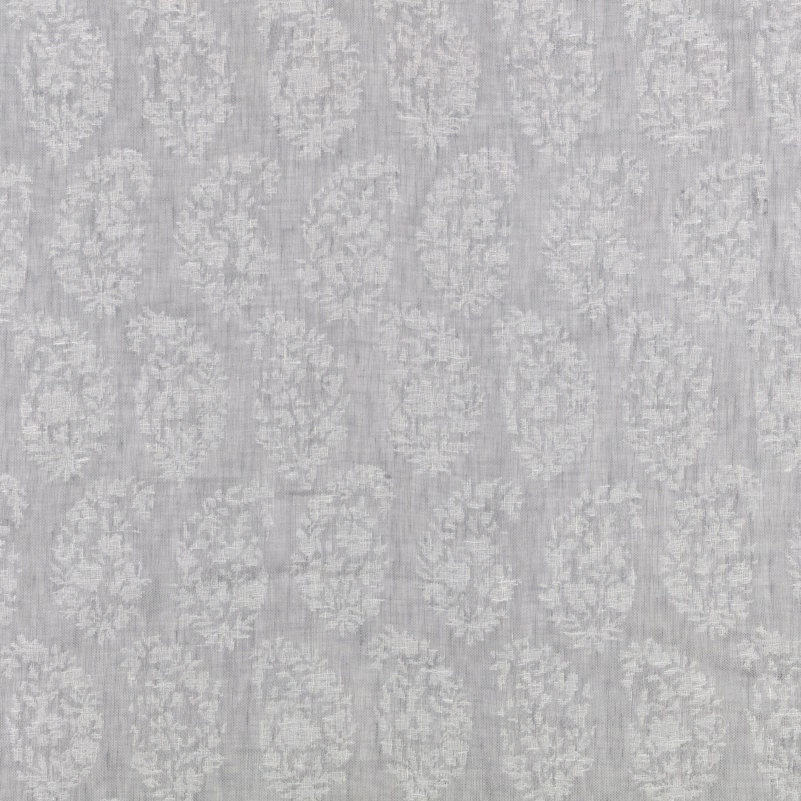 Pale dove-grey sheer with distressed floral motifs and fine vertical striations