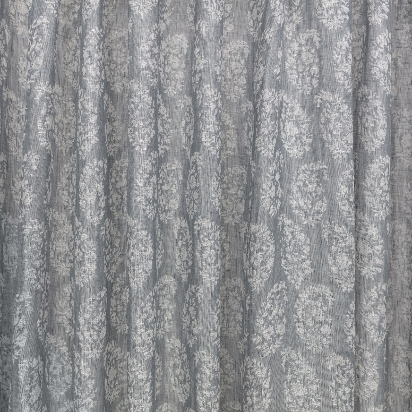 Cool blue-grey sheer with pale botanical damask motifs and vertical striated texture