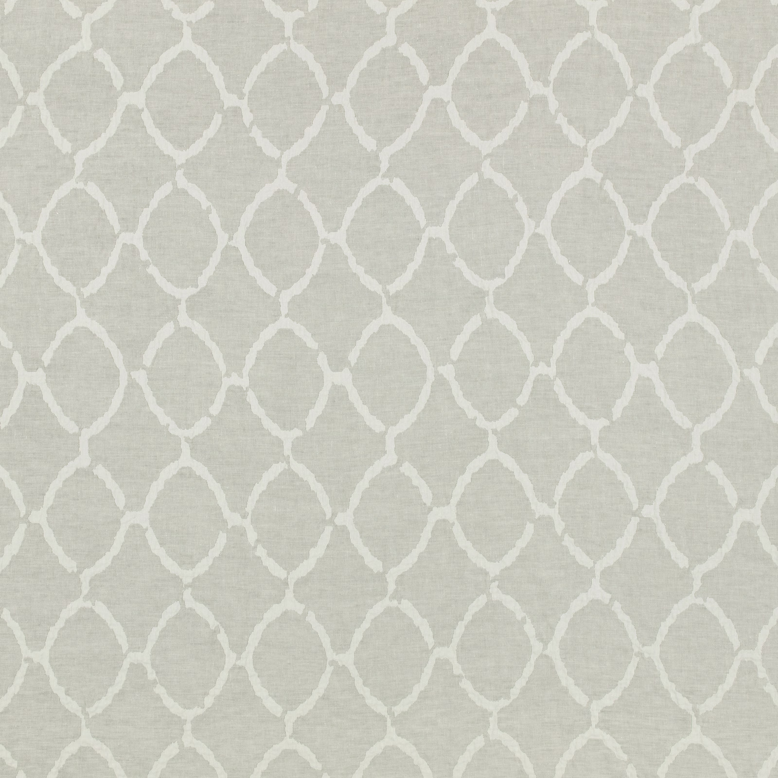 Pale silvery-grey fabric with ivory linked oval trellis and fine woven texture