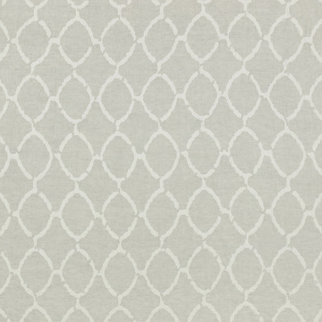Pale silvery-grey fabric with ivory linked oval trellis and fine woven texture