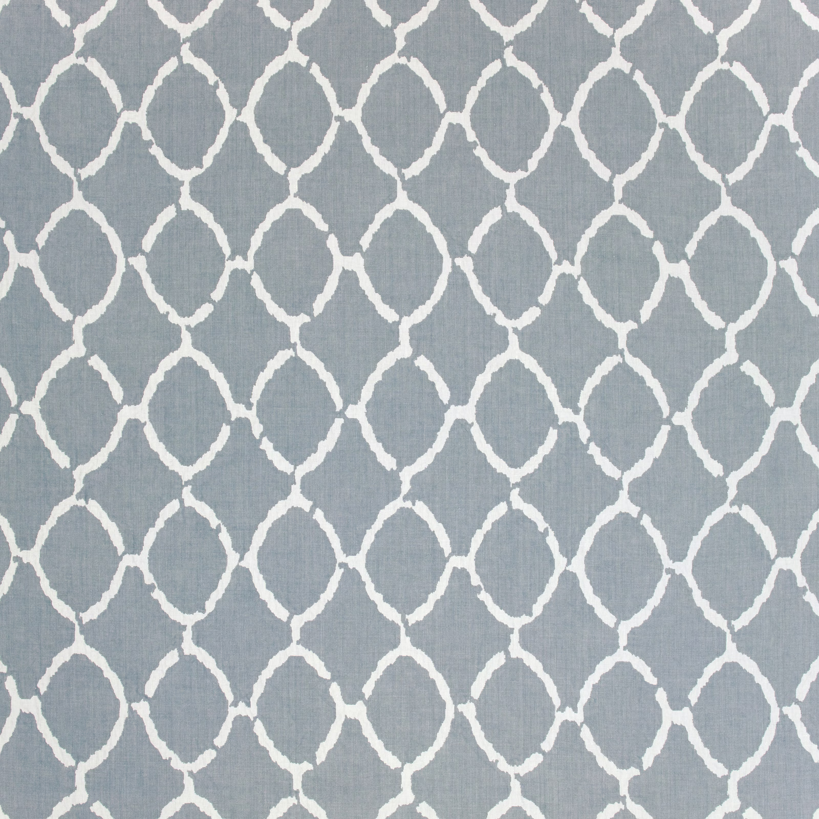 Dusty blue-grey woven fabric with an ivory linked trellis pattern