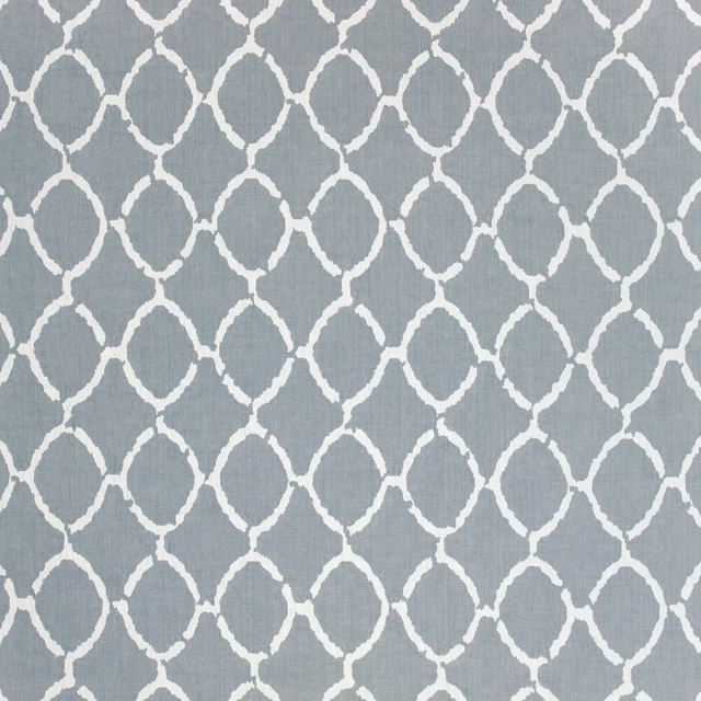 Dusty blue-grey woven fabric with an ivory linked trellis pattern