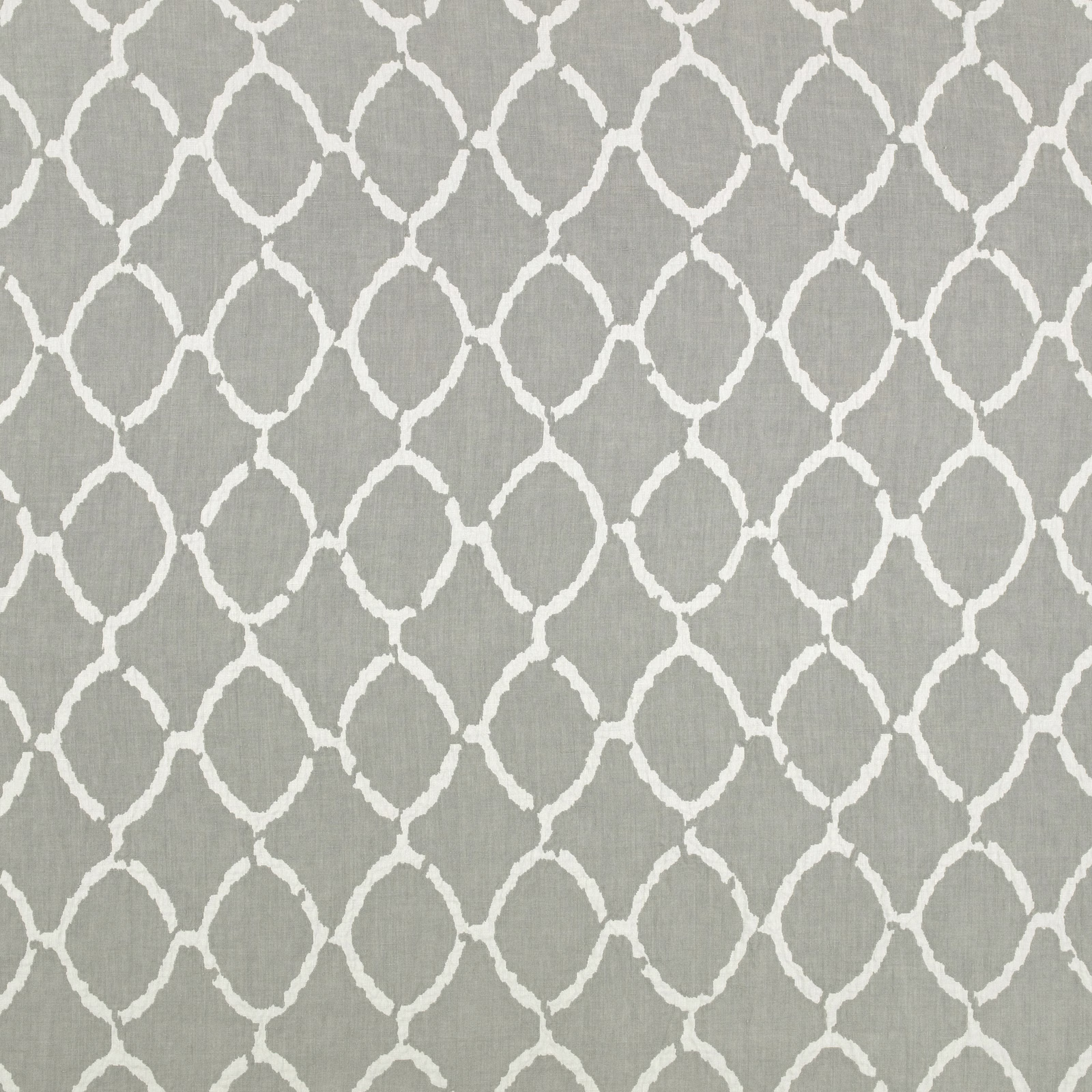 Mist-grey woven fabric with an ivory interlocking lattice and subtle slub texture